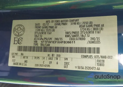 2017 Ford F-150 Xlt z USA, uszkodzony, nr VIN 1FTFW1EFXHFB36611